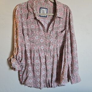 Style & Co. XL Red and Khaki Patterned Blouse 3/4 LS Pleated Detail